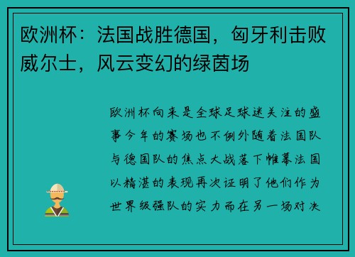 欧洲杯：法国战胜德国，匈牙利击败威尔士，风云变幻的绿茵场