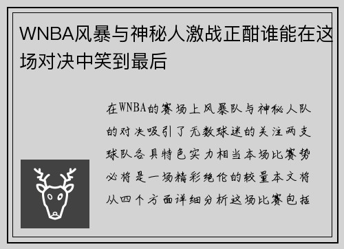 WNBA风暴与神秘人激战正酣谁能在这场对决中笑到最后